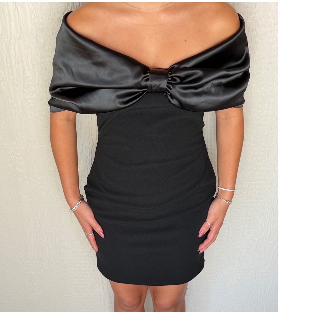 Hyfve Black Off The Shoulder Satin Bow Mini Dress Bodycon Cocktail Party Small